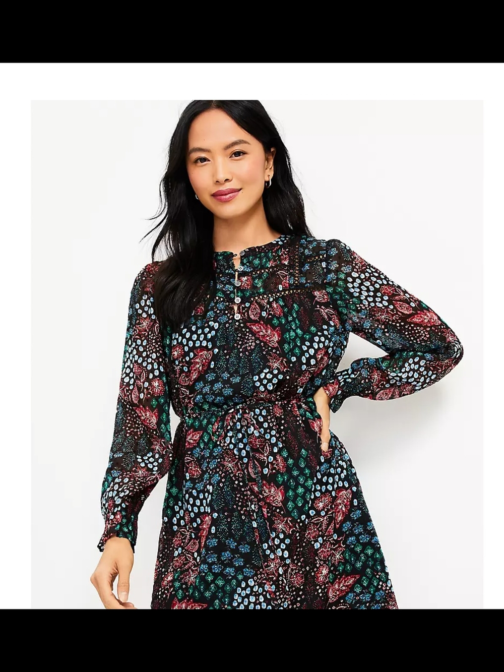 LOFT Black Long-Sleeve Floral Midi Dress with Green & Pink Accents